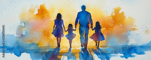 Watercolor painting of a family of four, parents and two daughters, walking handinhand