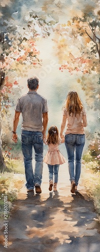 Watercolor painting of a family of four, parents and two daughters, walking handinhand