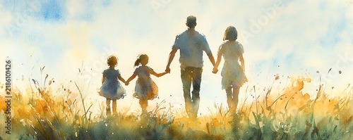 Watercolor painting of a family of four, parents and two daughters, walking handinhand