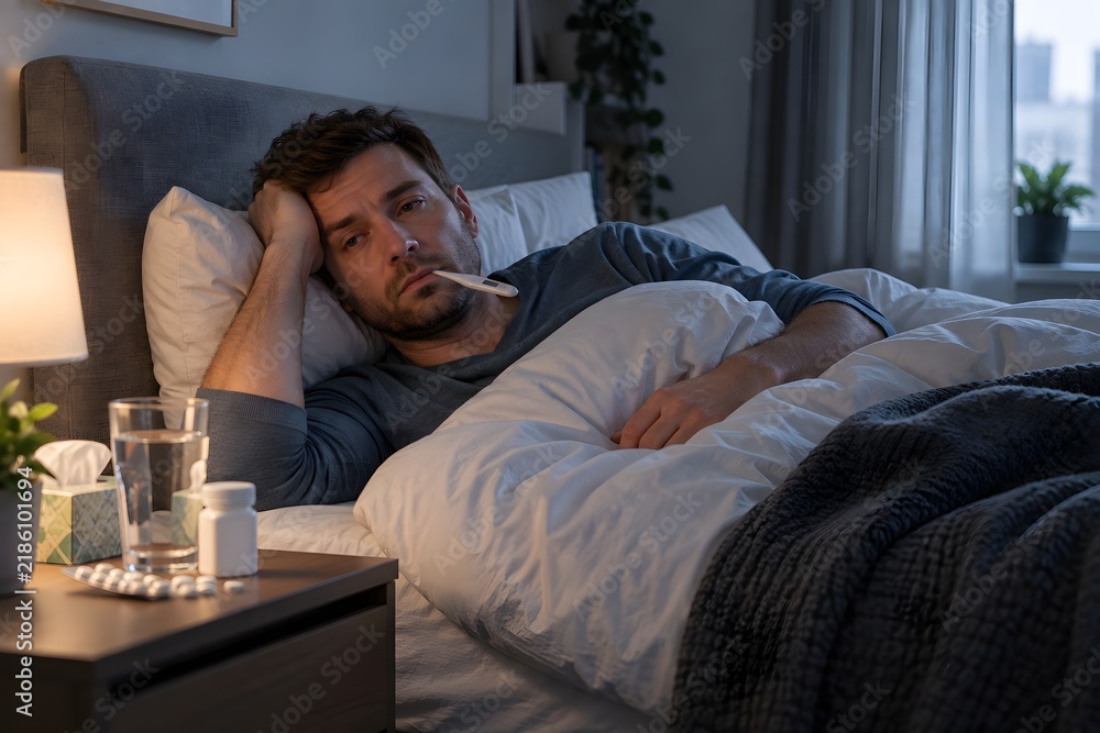 Fototapeta premium Man rests in bed with a thermometer in his mouth while feeling unwell at home in the evening