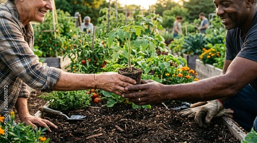 Diverse gardeners planting seedling in community garden, sharing harvest
