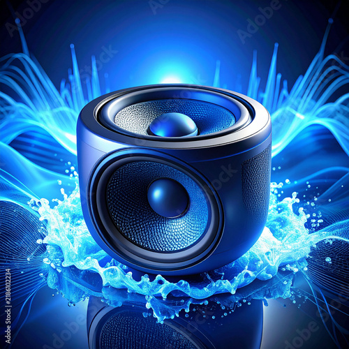 the image features a modern cube shaped device, appearing to be an audio output object, presented in a vibrant blue color scheme