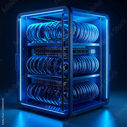 in a dark, shadowy environment, a vibrant, bluish structure stands out with a soft internal glow