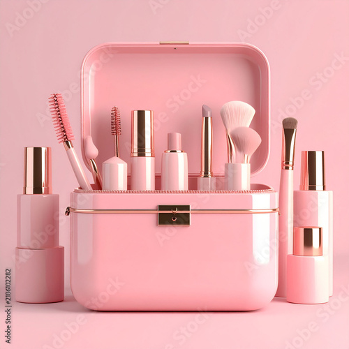 against a matching backdrop, a makeup carrier is shown open, showcasing a variety of beauty items. a selection of brushes and containers are placed within the carrier