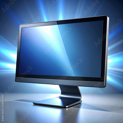 a desktop computer monitor is positioned centrally in the composition. the monitor features a reflective screen showing blue colors and is supported by a curved metallic stand with a square base