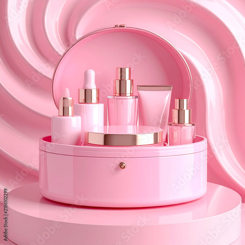 the image showcases a collection of skincare products in a round, clamshell shaped case