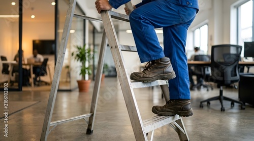 Workshop Worker Climbing a Ladder in Modern Office