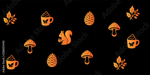 Autumn Pattern with Squirrels, Mushrooms, Pinecones and Coffee Cups.