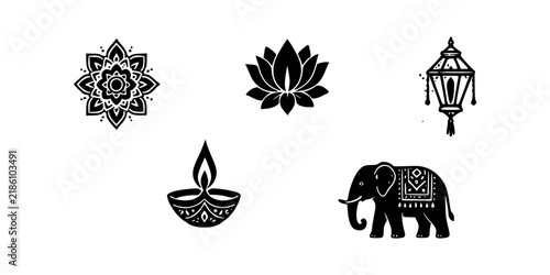 Diwali Indian Cultural Icons with Diya, Lotus, Elephant and Lantern.