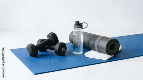 Blue Yoga Mat with Dumbbells Water Bottle Roll Mat and Towel