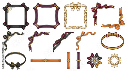 Vintage ribbon frames and bow borders set, elegant decorative silk corner elements, 15 vector design assets for invitations isolated on White Background Halloween