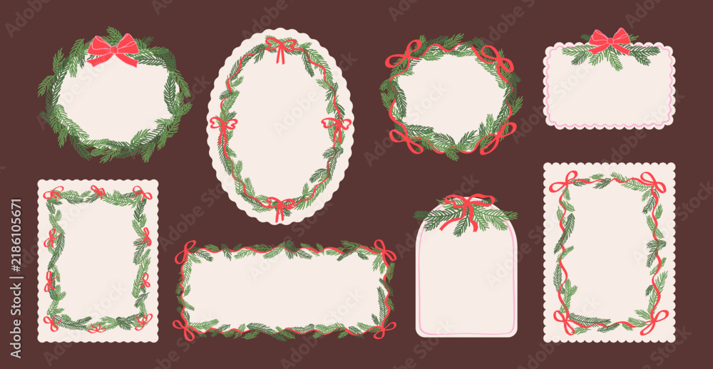 Obraz premium Vintage frames set of Merry Christmas and Happy New Year. Retro template illustrations with gift bows, ribbons, Christmas tree branches. Hand drawn design background for card, invitation, flyer