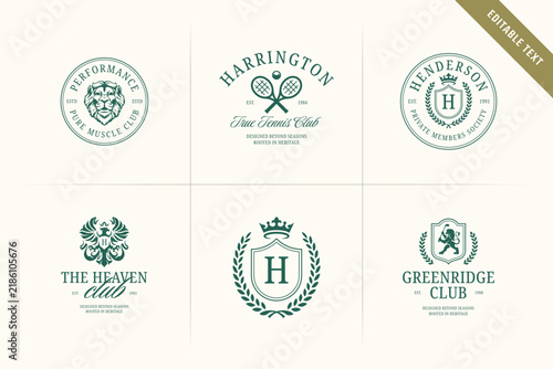 Logo templates with editable text in deep forest green palette with engraved animal and sport crest illustrations in classic old money quiet luxury aesthetic for exclusive private membership societies