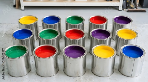 Bright Colorful Paint Cans Array on Concrete Floor