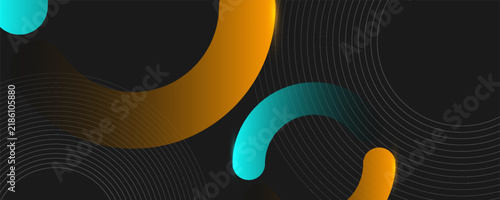 Dark abstract background with orange and blue light effect. Glowing diagonal rounded lines. Modern gradient geometric shape design element. Futuristic concept.
