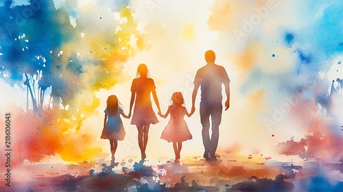 Watercolor painting of a family of four, parents and two daughters, walking handinhand
