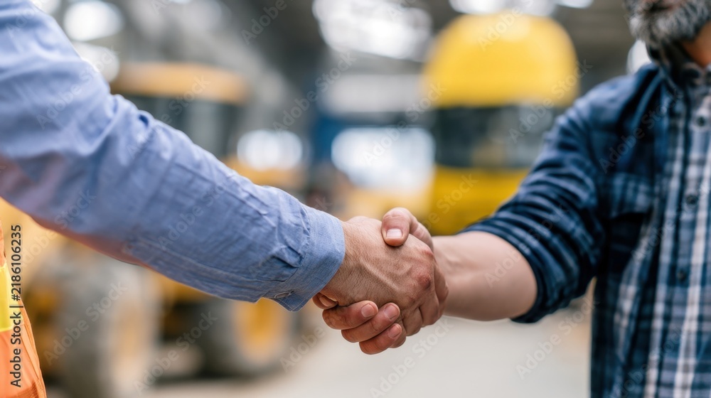 Fototapeta premium Close-up of industrial engineer and site manager handshaking inside heavy machinery factory or construction equipment workshop.