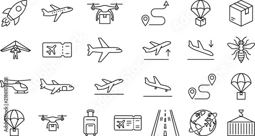 Aviation flight delivery and air transport line icon set for vector designAviation flight delivery and air transport line icon set for vector design