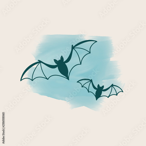 Two stylized bats flying against a textured watercolor wash during a whimsical night scene vector illustration