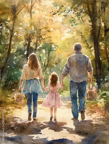 Watercolor painting of a family of four, parents and two daughters, walking handinhand