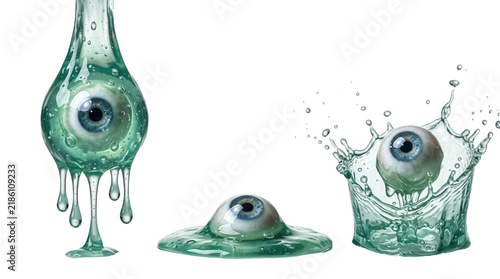Eerie halloween inspired eyeball submerged in vibrant green gel with dramatic dripping and splashing effects