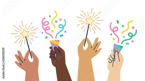 Hands holding festive sparklers and party poppers with colorful confetti on transparent.