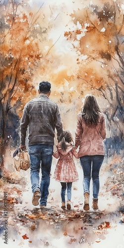 Watercolor painting of a family of four, parents and two daughters, walking handinhand