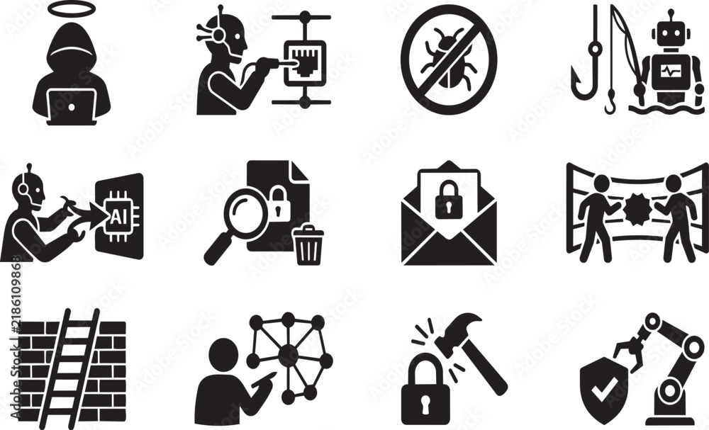 Obraz premium Collection of black and white flat depicting cybersecurity, network protection, artificial intelligence, and digital safety concepts