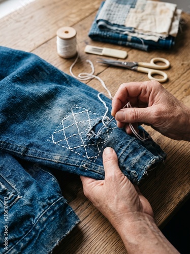 Hands mending indigo denim jacket with sashiko stitching on a rustic wooden table
