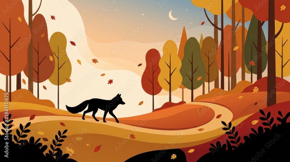 Fototapeta premium Autumn Fox Walking Through a Colorful Forest Path.