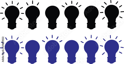 Lightbulb icon set featuring creative black and blue illuminated
