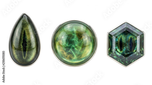 Collection of three distinct halloween inspired gemstones featuring enchanting green shades and detailed patterns