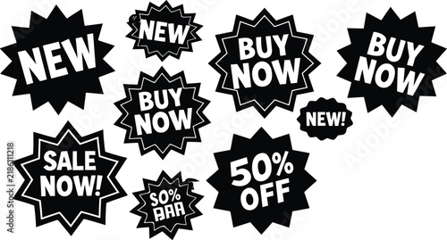 Starburst stickers vector set featuring promotional sale text