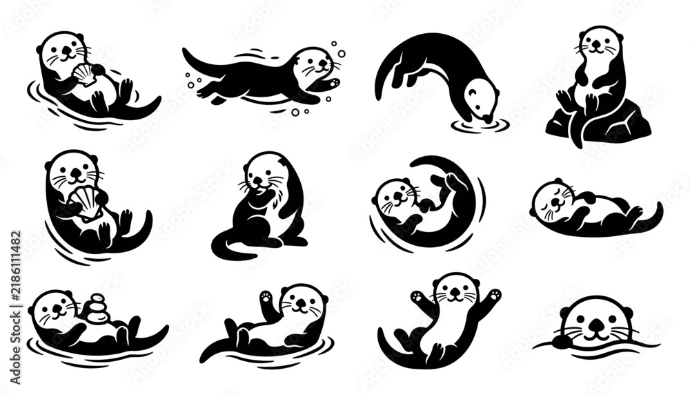 Obraz premium Cute cartoon otters set in vector flat style isolated on white background