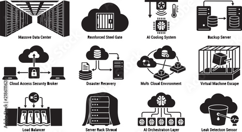 Fotografie Set of black and white describing data center infrastructure, cloud security, di