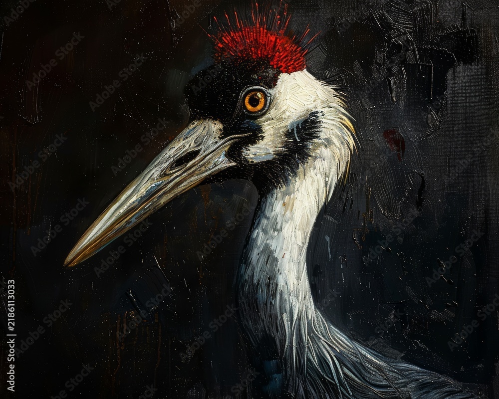 Obraz premium Close-up painted portrait of a red-crowned crane with long beak and dramatic dark background, digital