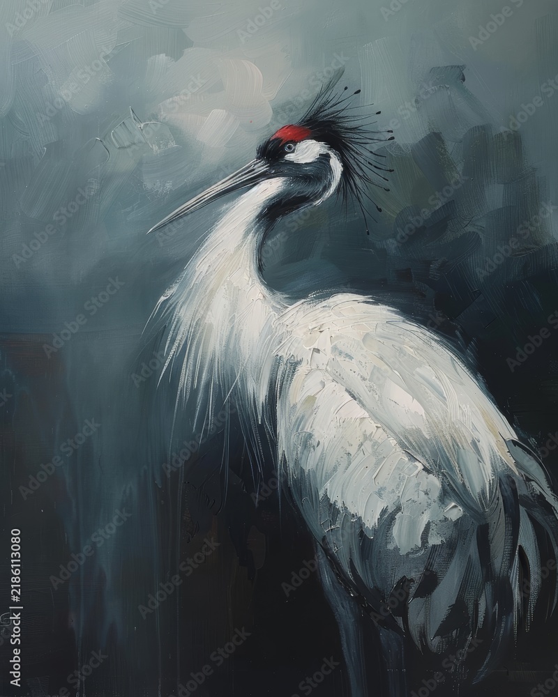 Fototapeta premium Painterly portrait of a red-crowned crane with flowing white plumage and a moody blue-gray background