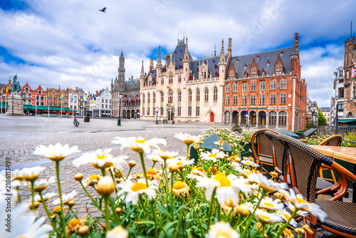 Traditional colorful townhouses on Market square in Brugge old town, Bruges city historical centre