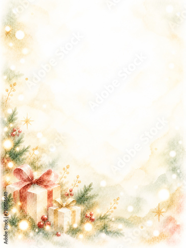 Fototapeta クリスマスプレゼントをイメージした抽象水彩背景 柔らかな光と上品な余白デザイン