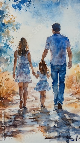 Watercolor painting of a family of four, parents and two daughters, walking handinhand