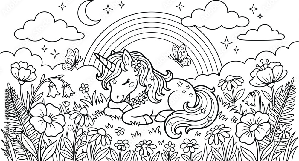 Fototapeta premium A detailed coloring page depicting a majestic waterfall scene with lush vegetation and a peaceful natural landscape