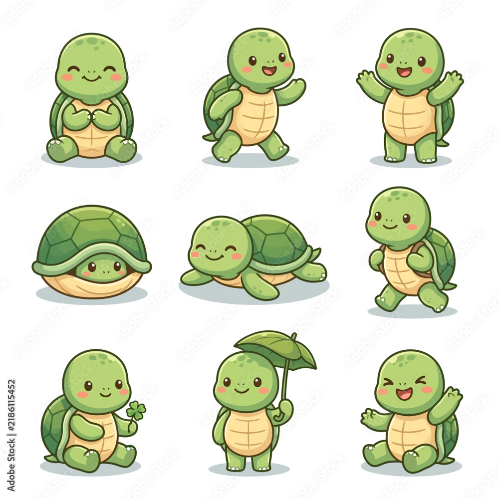 Fototapeta premium Set of Cute Cartoon Turtle Characters, Kawaii Tortoise Vector Illustrations in Various Poses for Children's Design