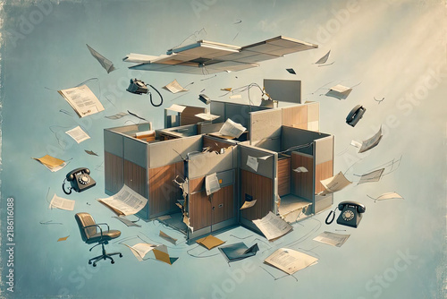 Surreal Exploding Office Cubicle in Dreamlike Spatial Void