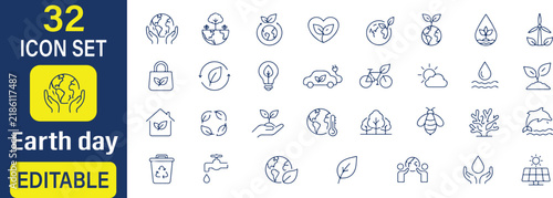 32 Earth Day Vector Outline Icons Set – Environmental Awareness, Sustainability, Recycling, Nature and Eco Friendly Line Symbols Collection