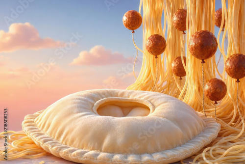 Surreal Pop Art of Giant Ravioli and Spaghetti Waterfalls, Absurd Humor Fantasy Concept for National Pasta Day