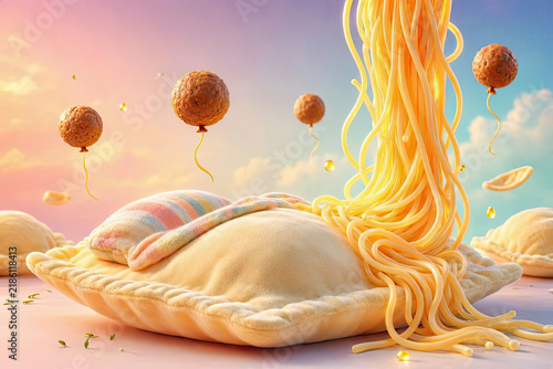 Surreal Pop Art of Giant Ravioli and Spaghetti Waterfalls, Absurd Humor Fantasy Concept for National Pasta Day