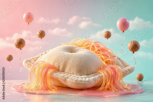 Surreal Pop Art of Giant Ravioli and Spaghetti Waterfalls, Absurd Humor Fantasy Concept for National Pasta Day