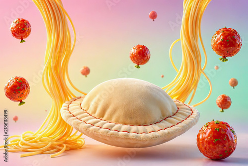 Surreal Pop Art of Giant Ravioli and Spaghetti Waterfalls, Absurd Humor Fantasy Concept for National Pasta Day