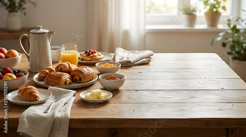 Continental breakfast spread on rustic wooden dining table.
