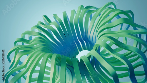 Abstract 3D green torus rendered with curved geometric ribbons. Perfect for tech banners, futuristic design themes, digital art covers, and modern background concepts